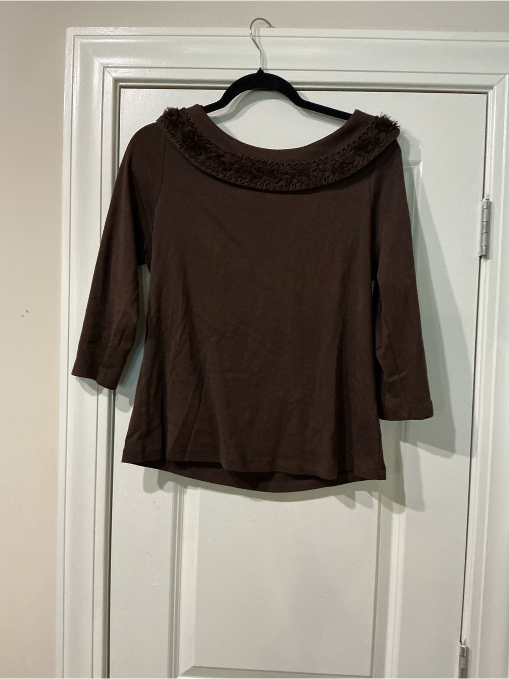 Rafaella Brown Boatneck 3/4 Sleeve Top with Fringe Collar